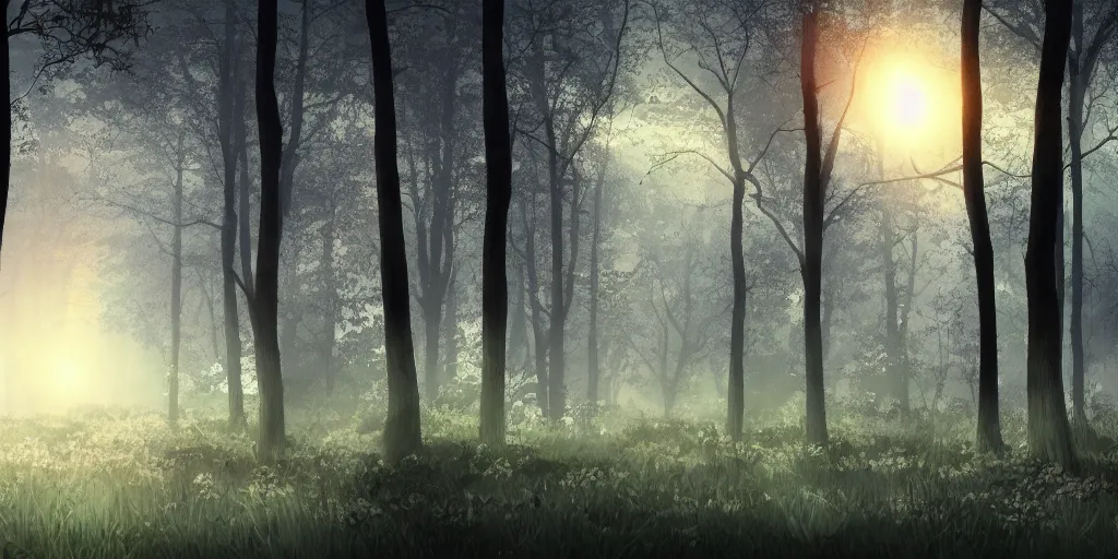 Prompt: dark forest at dawn, anime background