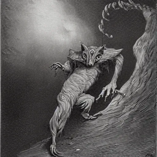 Prompt: A demonic opossum by Gustave Dore, full body grayscale drawing, swirling flames, cloudy, smoky, demons, hellish