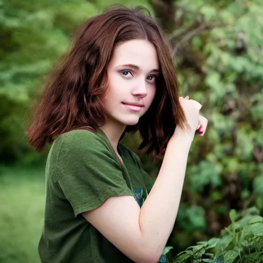 Image similar to an hd candid photo of a cute young woman with short brown hair and green eyes, beautiful trees in the background, night sky with stars and galaxies, trending on artstation