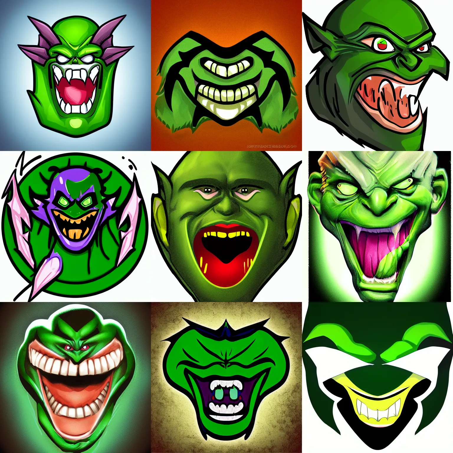 Prompt: green goblin icon, big teeth, digital art, cartoon