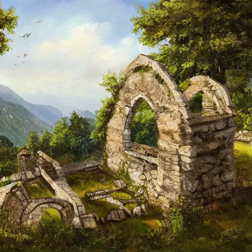 Image similar to ruins on top of mountain in the village of verclause france, digital painting, realism, 4 k,