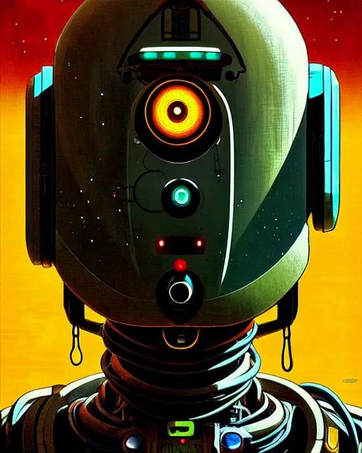 Prompt: zenyatta from overwatch, nine robot eyes, character portrait, portrait, close up, concept art, intricate details, highly detailed, vintage sci - fi poster, retro future, in the style of chris foss, rodger dean, moebius, michael whelan, and gustave dore