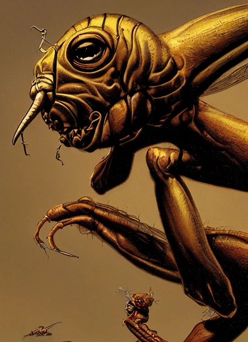 Prompt: insectoid fly - man hybrid with proboscis, against dark background, fluid, smooth, organic, crazy, high contrast, sharpness, dramatic, by greg rutkowski and siudmak and richard corben and moebius