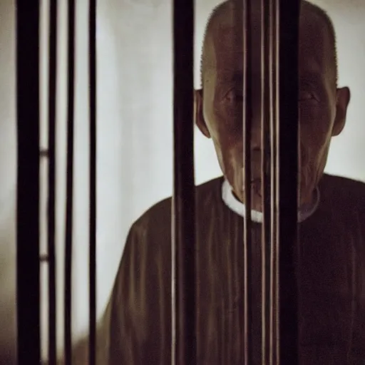 Image similar to a portrait of very very very old justin sun in futuristic prison looking through the bars of his cell, by annie leibovitz, shallow depth of field, cinematic lighting