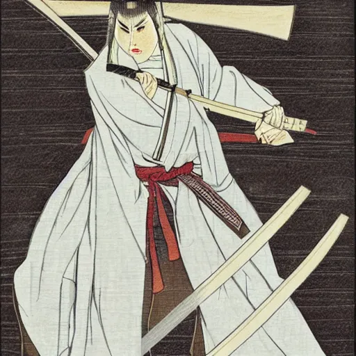 Prompt: a beautiful White cloaked Samurai Warrior with Sword Drawn by Mitsuru Adachi