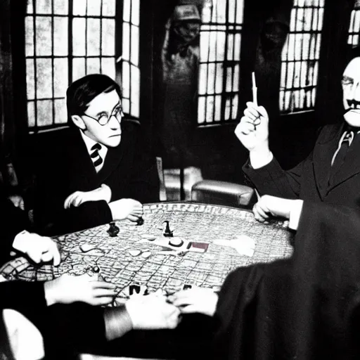 Image similar to harry potter and adolf hitler playing poker in hogwarts