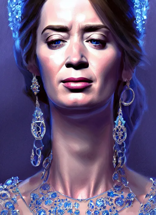 Image similar to portrait of emily blunt as queen, crying, tears, jewelry, greek, sapphire, victorian age, 1 8 9 0, intricate, headshot, key visual, conceptart, ambient lighting, highly detailed, digital painting, artstation, concept art, sharp focus, by makoto shinkai and akihiko yoshida and greg manchess