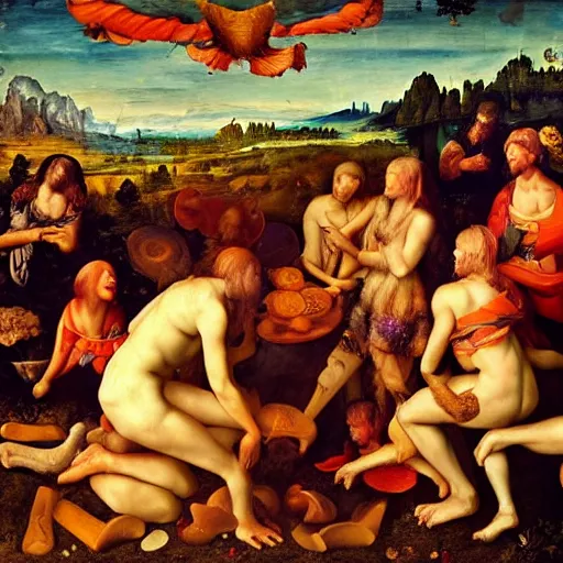 Image similar to Psychedelic Mushroom gathering, renaissance masterpiece