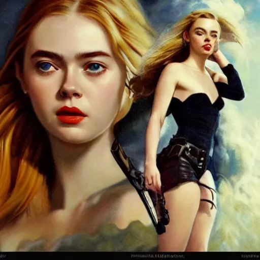 Prompt: ultra realistic portrait painting of elle fanning, lily collins, scarlett johansson, as an outlaw, art by frank frazetta, vintage levi ’ s ad, stormy weather, dark vibes, 4 k, ultra realistic, highly detailed, epic lighting