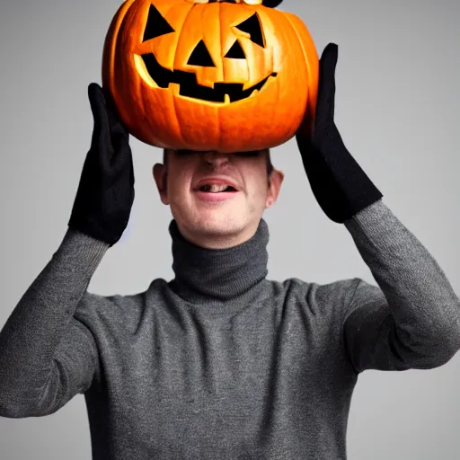 Image similar to man with pumpkin head, in black turtleneck, waving hands, at grey backgroud, studio light, 4 k