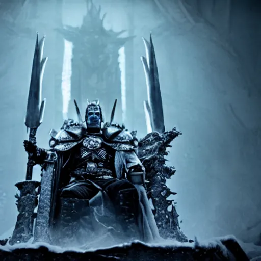 Prompt: a cinematic portrait of a lich king seated upon his throne of bones