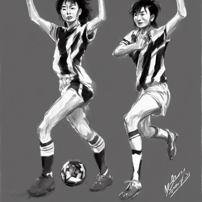 Prompt: maggie cheung as a football player, by wlop