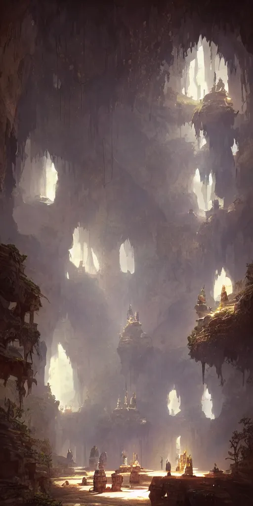 Image similar to detailed interior of natural caves, light shafts, lanterns, monks, stunning atmosphere, by greg rutkowski, style of peter mohrbacher,