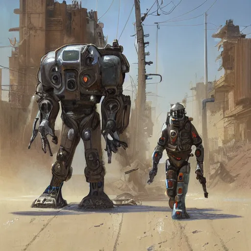 Prompt: two robot ghostbusters in power armor walking in a sand covered street, post apocalyse, ruined subdivision houses, Sci Fi, intricate, elegant, highly detailed, digital painting, artstation, concept art, matte, sharp focus, illustration, art by Greg Rutkowski and Alphonse Mucha