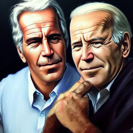 Image similar to Beautiful face Portrait of Jeffrey Epstein and Joe Biden drinking together, powerful , magic, thunders, dramatic lighting, intricate, wild, highly detailed, digital painting, artstation, concept art, smooth, sharp focus, illustration, art by artgerm and greg rutkowski and alphonse mucha, footage from space camera