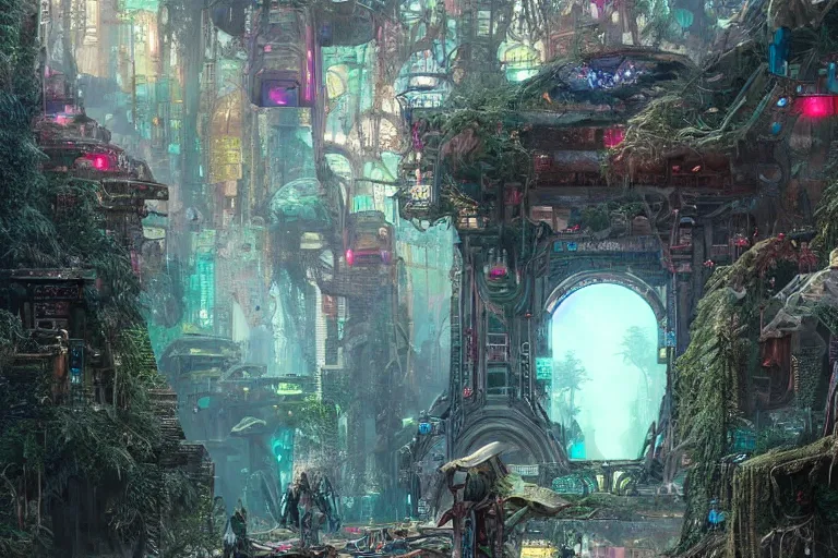 Prompt: a triangular portal structure built out of scrap and crystals in an overgrown temple, bright cyberpunk glow, epic surrealism, Detailed digital matte painting in the style of raymond swanland and Chie Yoshii artstation