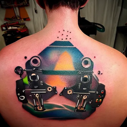 Image similar to backside on the shoulders is a tattoo of a hole in the skin with multicolored robotic mechanics and cables and a computer fan inside under the skin, insanely integrate, 3 d