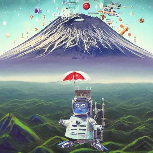 Image similar to On the morning of the robot queen's coronation, The Mekanik Doll, chubby moss kitten, Mount Fuji seen from the International Space Station, the theme of Alice in Wonderland, digital painting, concept art, illustration, deep dark, artstation, intricate, beautiful and thematically complex, ue5, by Dylan Kowalski and deiv calviz