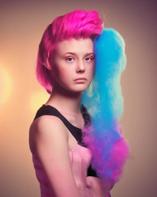 Prompt: a backlight dramatic lighting photo of a beautiful young woman with cotton candy hair. with a little bit of cyan and pink