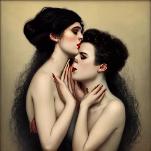 Image similar to a portrait of two women kissing in the style of tom bagshaw