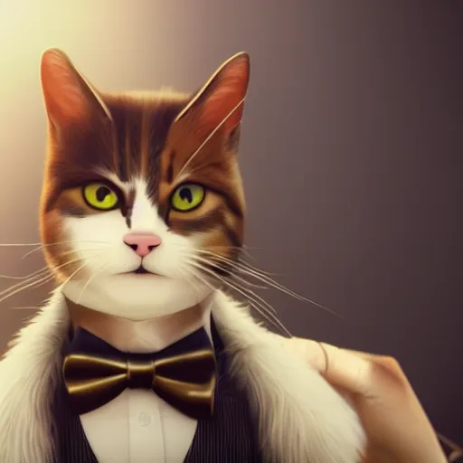 Prompt: a high quality photo of a cat wearing a suit and smoking, render, ultra realistic, cgsociety