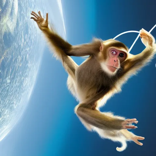 Prompt: photo of a monkey wearing a space suite in space, 4k wallpaper, high quality photo