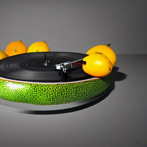 Image similar to vinyl turntable with vinyl record in shape of huge kiwi fruit, 4 k resolution, optical illusion, octane render, unreal render, hyperrealistic textures