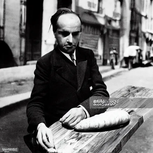 Image similar to a frenchman with a baguette and a bottle of wine in 1 9 5 0