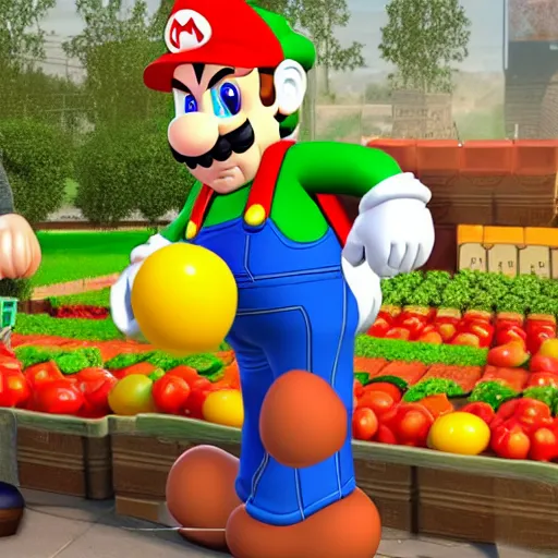 Prompt: game character mario selling vegetables on a farmer's market, morning, photorealistic