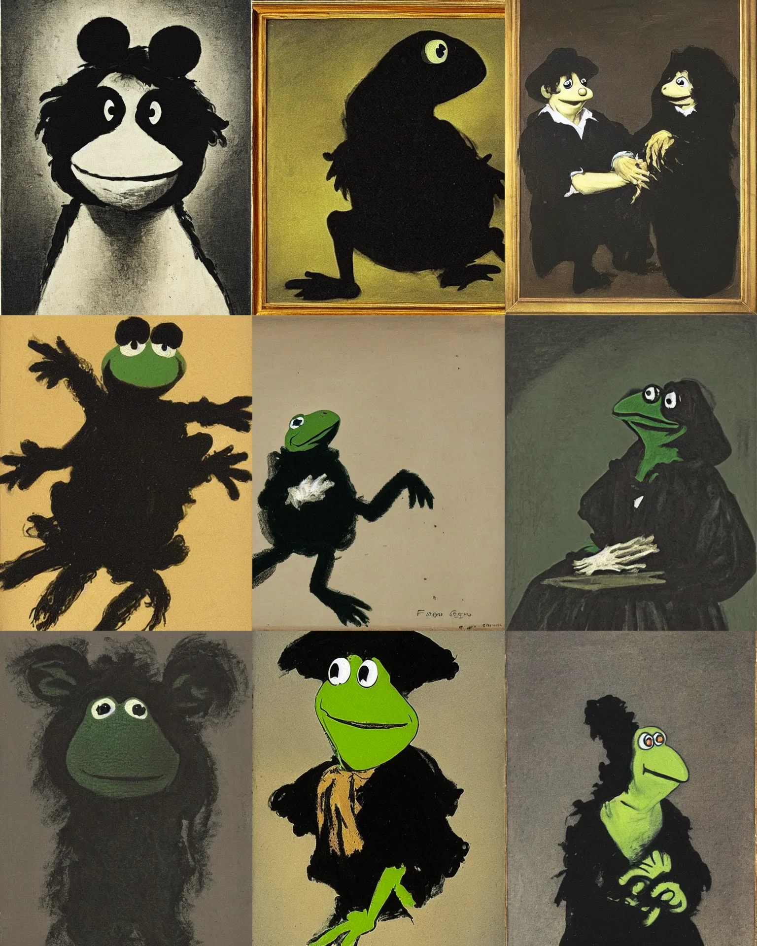 Prompt: One of Francisco Goya's Black Paintings, depicting Kermit the Frog