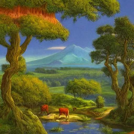 Image similar to A beautiful photograph of a landscape. It is a stylized and colorful view of an idyllic, dreamlike world with rolling hills, peaceful looking animals, and a flowing river. The scene looks like it could be from another planet, or perhaps a fairy tale. umber by Hal Foster relaxed, dull