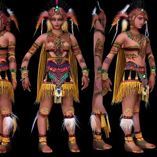 Image similar to character design, aztec warrior goddess, crown of body length feathers, full body, glowing aztec tattoos, beautiful, dark fantasy : : super - resolution, ultra - hd, vray