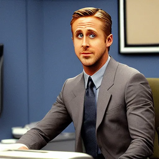 Image similar to Agent K Ryan Gosling in the office TV Show