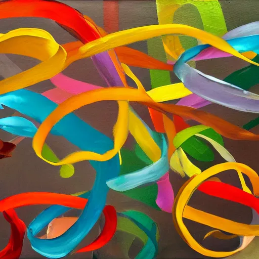 Prompt: ethereal and expressive oil painting of ribbons of random letters floating around a person