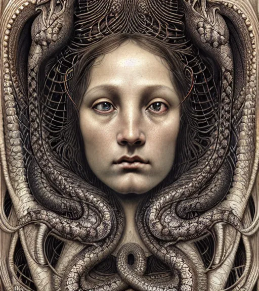 Image similar to detailed realistic beautiful serpent goddess face portrait by jean delville, gustave dore, iris van herpen and marco mazzoni, art forms of nature by ernst haeckel, art nouveau, symbolist, visionary, gothic, neo - gothic, pre - raphaelite, fractal lace, intricate alien botanicals, ai biodiversity, surreality, hyperdetailed ultrasharp octane render