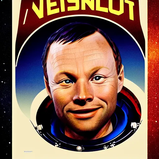 Prompt: disney weta portrait of neil armstrong, highly detailed, with apollo spaceship imagery, in the style of posters from 1 9 6 7