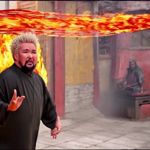 Image similar to VFX movie of ((Guy Fieri as a Tibetan monk)) dancing with fire in a Chinese courtyard by Emmanuel Lubezki