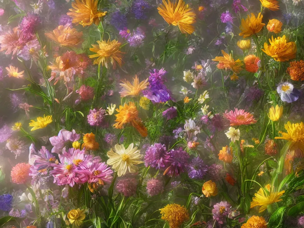 Image similar to 3d render of iridescent wildflowers, Sunlight Study, by Rachel Ruysch and Jan Davidsz de Heem and (((((Lisa Frank))))), Art Nouveau, 8k, extreme detail, sharp focus, octane render