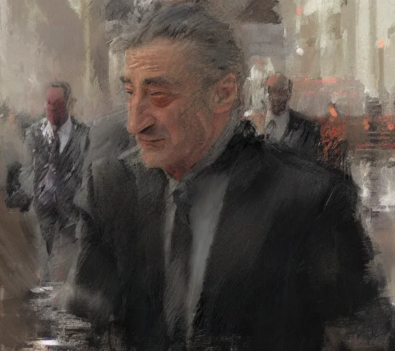 Image similar to a hyper-detailed photograph of Robert DeNiro by Craig Mullins; oil on canvas; trending on artstation