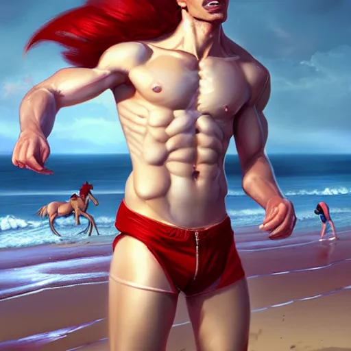 Prompt: beautiful commission of a male anthropomorphic horse wearing red shorts on the beach,digital art,art by greg rutkowski,ross tran,character design by charlie bowater,artstation,deviantart,photorealistoc,hyperdetailed,detailed face,high resolution,high quality