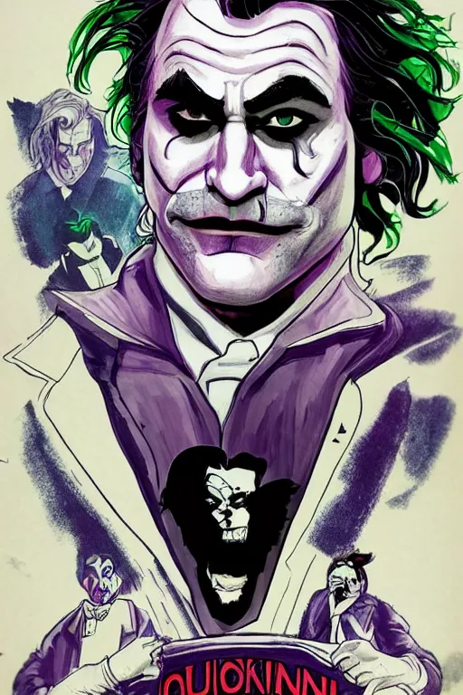 Prompt: joaquin phoenix joker cover comic book by dc comics, without duplicated content!!!!, violet polsangi pop art, gta chinatown wars art style, bioshock infinite art style, incrinate, realistic anatomy, hyperrealistic, 2 color, white frame, content balance proportion