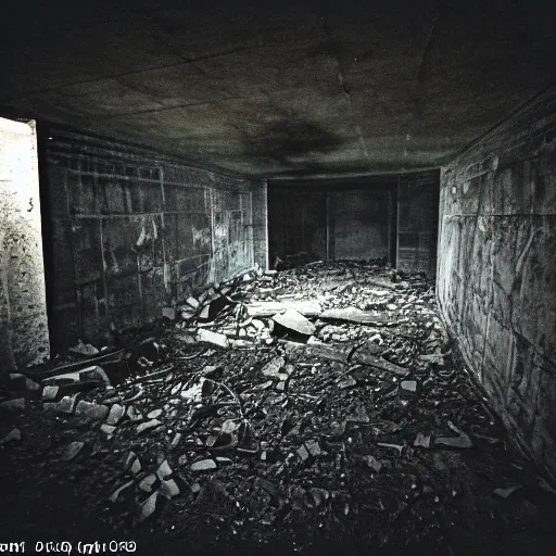 Image similar to Photograph of an abandoned 1940s bunker with the grudge crawling around, dark, no lights, moist, taken using a film camera with 35mm expired film, bright camera flash enabled, award winning photograph, creepy, liminal space