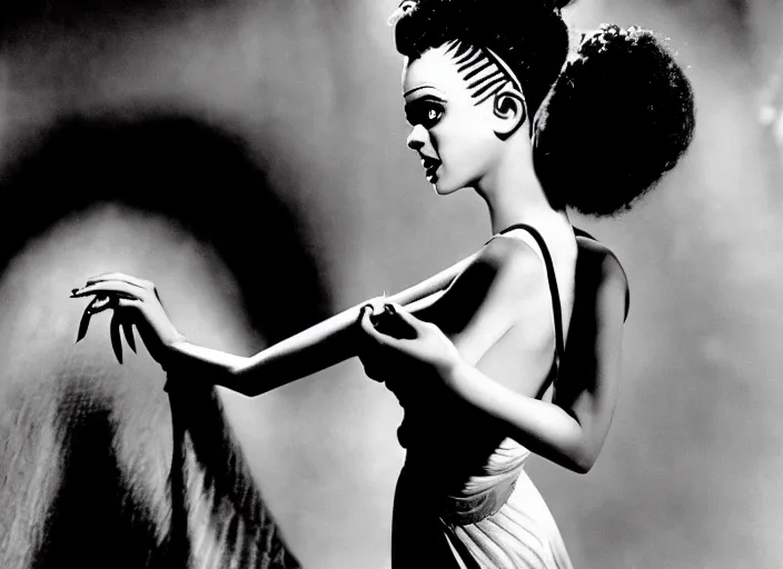 Prompt: editorial portrait, bride of frankenstein ( 1 9 3 5 ) as teen, still from the movie beetlejuice, cinematic