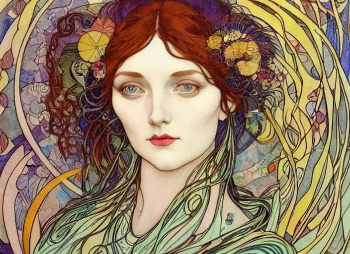 Image similar to The Goddess of Life and Creation, beautiful eyes, symmetrical face, paint, ink, palettes, spectrum, in the style of Joshua Middleton, Mucha, Kandinsky