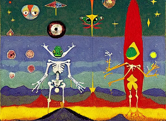 Image similar to pixel decollage painting tarot lovers card composition tower of babel road red armor wonky alien frog and maggot vampire clown knight on a skeleton pale horse in a dark green cloudy night sky with golden foil jewish stars and diamonds, mountain lake and blossoming field in background, painted by Mark Rothko, Helen Frankenthaler, Danny Fox and Hilma af Klint, pixelated, neo expressionism, semi naive, pastel colors, cinematic, color field painting, cave painting, voxel, pop art look, outsider art, minimalistic. Bill Traylor painting, part by Philip Guston, Amano and Francis Bacon. art by Adrian Ghenie and Storm Thorgerson, very coherent symmetrical artwork, cinematic, hyper realism, high detail, octane render, unreal engine, Smooth gradients, depth of field, full body character drawing, extremely detailed, 8k, extreme detail, intricate detail, masterpiece