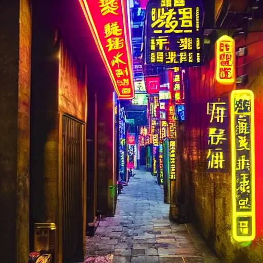 Prompt: an alleyway in Chongqing China, Night, neon light, advertisement