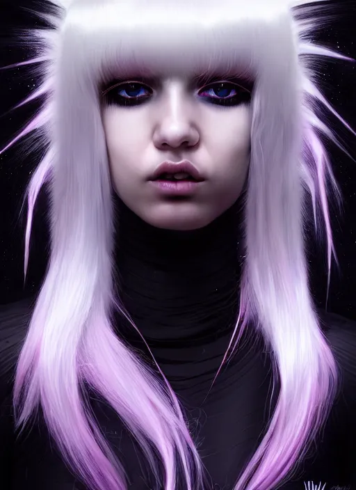 Image similar to hair whitebangs hair, black cyberlox, portrait of normal teenage girl, white bangs, messy bangs, fluffy bangs, cyberlox, whitebangs, red irises, purple background, intricate, elegant, highly detailed, digital painting, artstation, concept art, sharp focus, smooth, illustration, art by wlop, mars ravelo and greg rutkowski