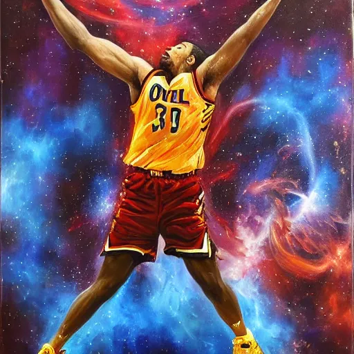 Image similar to an expressive oil painting of a basketball player dunking, depicted as an explosion of a nebula