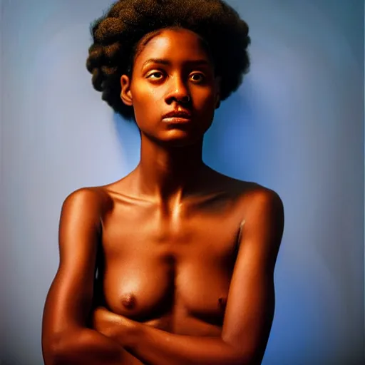 Image similar to beautiful african-american woman with soft skin, cornrows, 8K artistic photography, photorealistic, chiaroscuro, by Steve Mccurry, Joey L, Raphael, Caravaggio