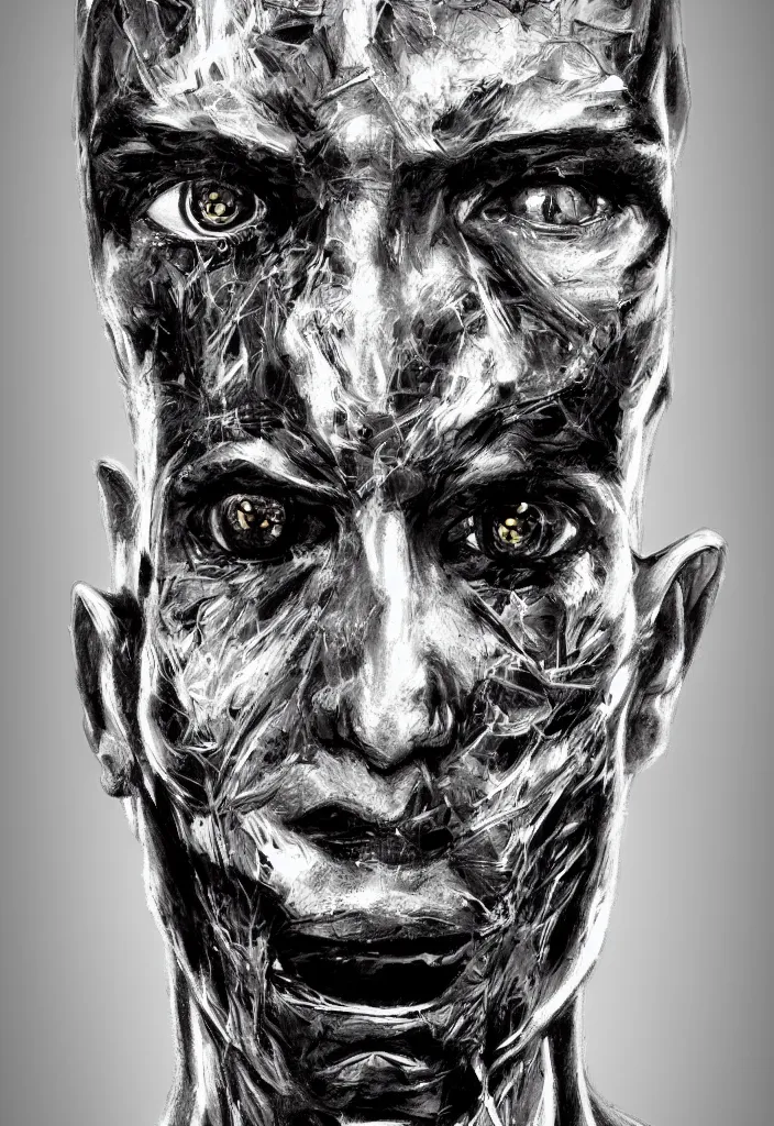 Image similar to perfectly centered portrait photograph of a half human half cybernetic face, detailed, terror, ambient lighting, hyper realistic, pop art style, artstation, featured on z brush, 3 5 mm film grain